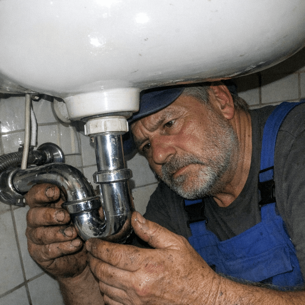 Techniker prüft Abfluss mit Inspektionskamera neben Servicefahrzeug