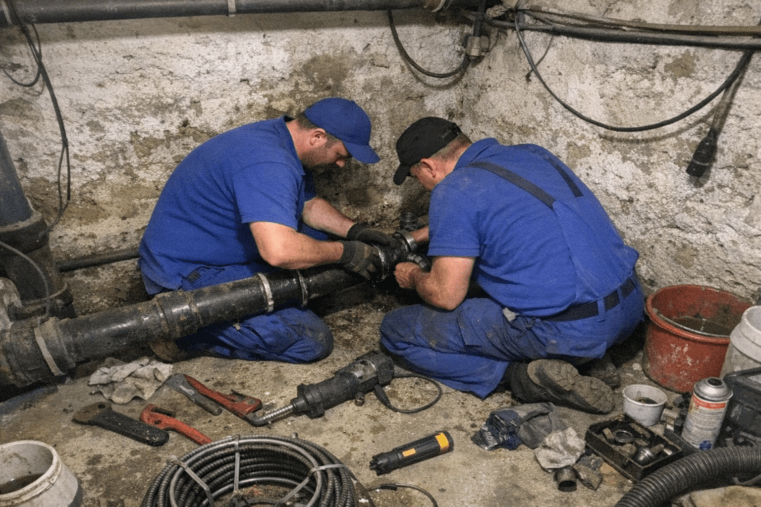 Zwei Techniker begutachten einen Revisionsschacht im Hof, daneben steht ein Servicefahrzeug mit geöffnetem Geräteraum